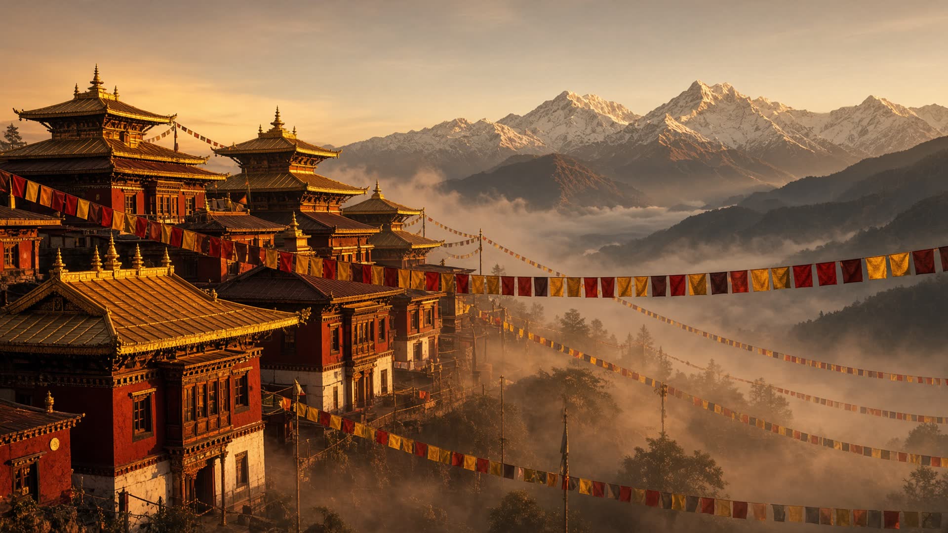Himalayan monastery at golden hour, prayer flags across the valley